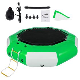 Inflatable Water Trampoline, 10ft Recreational Water Bouncer with Escalator, Round Inflatable Water Trampoline in Green and White
