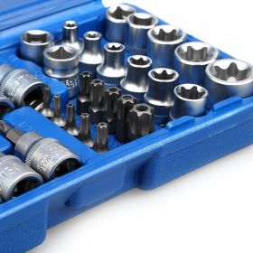 34pcs Torx Bit Socket and E-Torx Star Socket Set 1/4" 3/8" 1/2" Drive Male Female E-torx Security Bits Handheld Tool