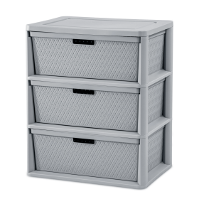 3 Drawer Tower, Plastic Storage Organizer with Removable Decorative Bins (Color: Gray, Pack Size: Single)